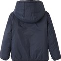 Donkerblauwe winterjas, de achterkant met capuchon.