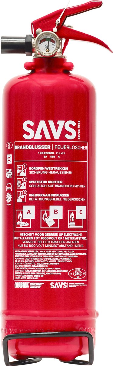 SAVS® Brandblusser poeder 1 kg - 8A 55B C - Met montagebeugel - Ook voor auto, boot, caravan of camper - Poederblusser