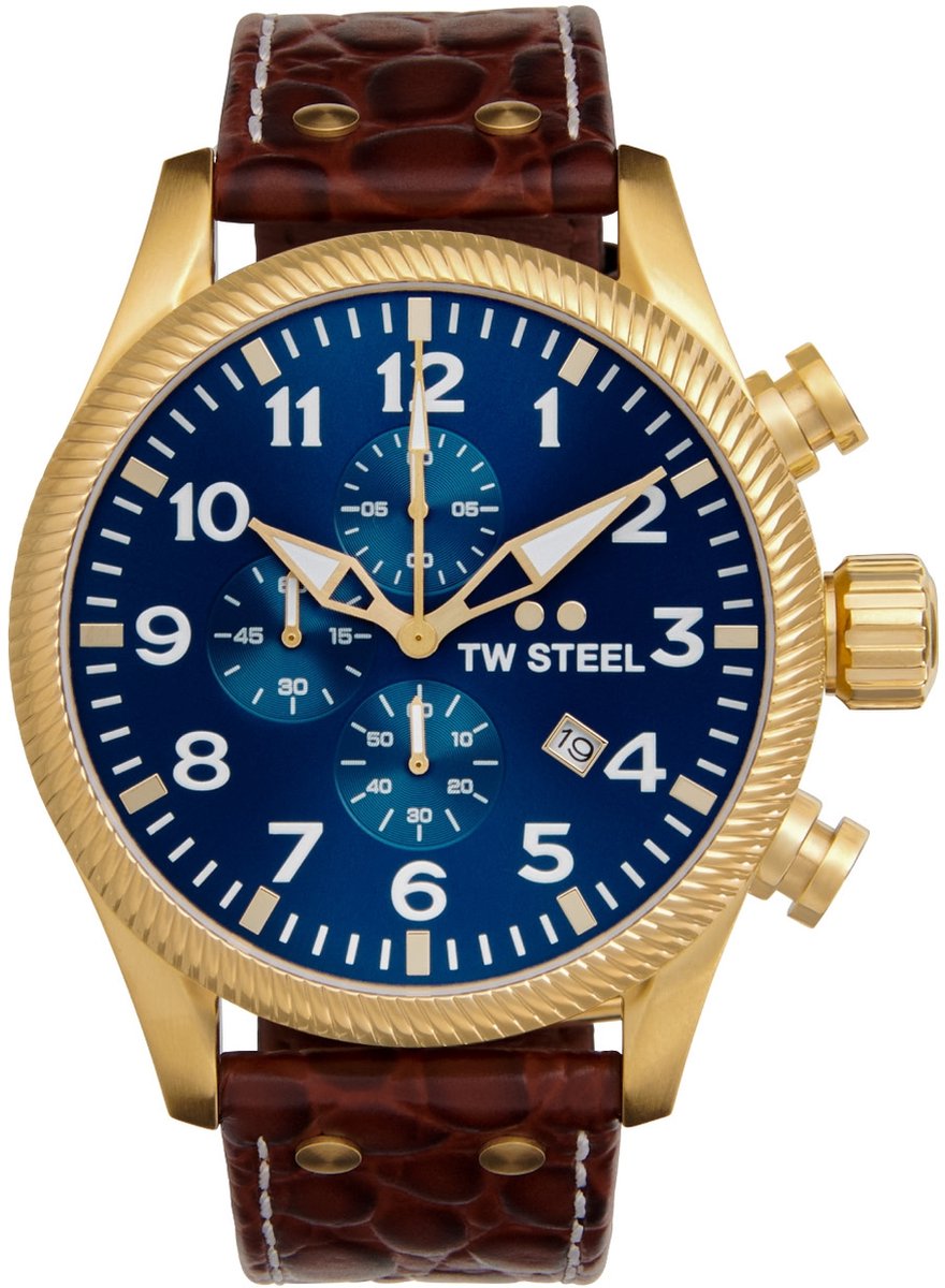 TW Steel TWVS114 New Volante Heren Horloge - Chronograaf - Mineraalglas - Staal-Leer - Bruin-Goudkleurig - 48 mm breed - Quartz - Gesp - 10 ATM (zwemmen)