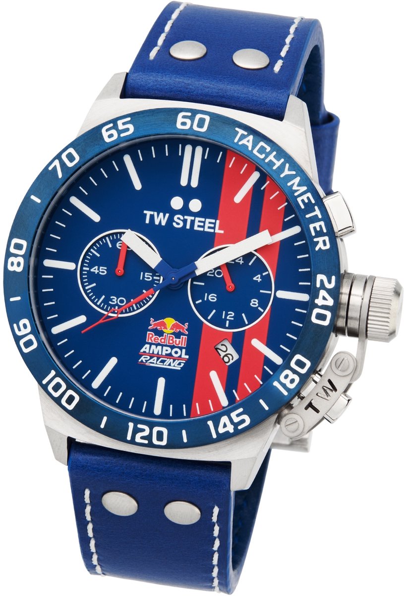 TW Steel TWCS122 Canteen Heren Horloge - Chronograaf - Mineraalglas - Staal-Leer - Blauw-Zilverkleurig - 45 mm breed - Quartz - Gesp - 10 ATM (zwemmen)