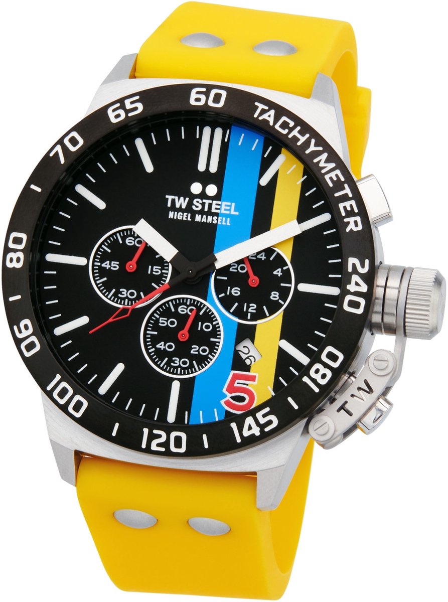 TW Steel TWCS124 Canteen - Nigel Mansell Heren Horloge - Chronograaf - Mineraalglas - Staal-Silicone - Geel-Zilverkleurig - 45 mm breed - Quartz - Gesp