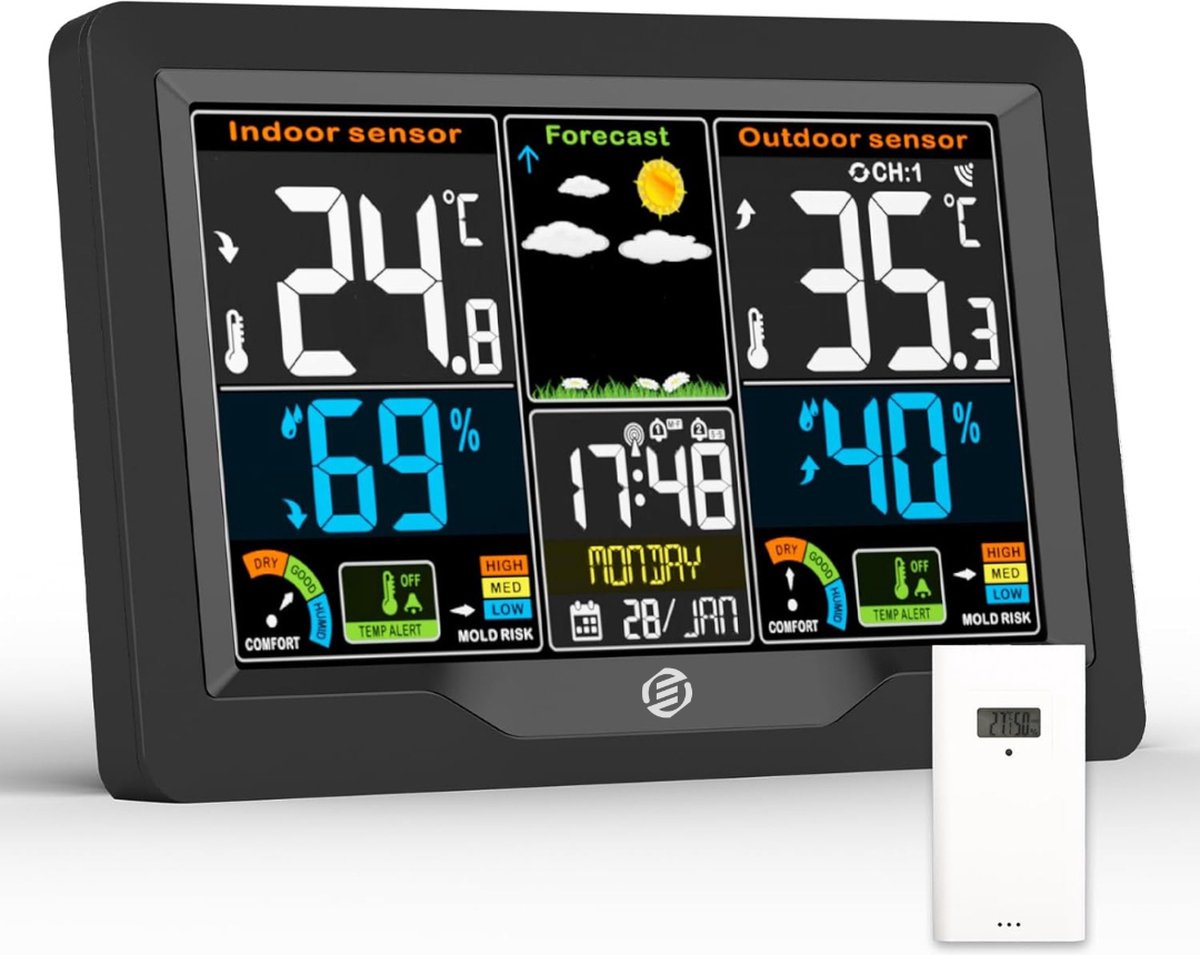 Equivera Weerstation Binnen en Buiten - Hygrometer - Thermometer - Digitaal voor Binnen en Buiten - Luchtvochtigheidsmeter - Geavanceerde Versie