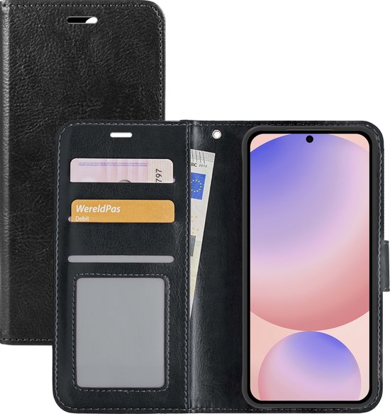 Étui livre en cuir synthétique noir ouvert avec porte-cartes, poche à billets et support de téléphone.