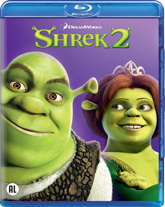 De Blu-ray cover van Shrek 2 met Shrek en Prinses Fiona op een paarse achtergrond.