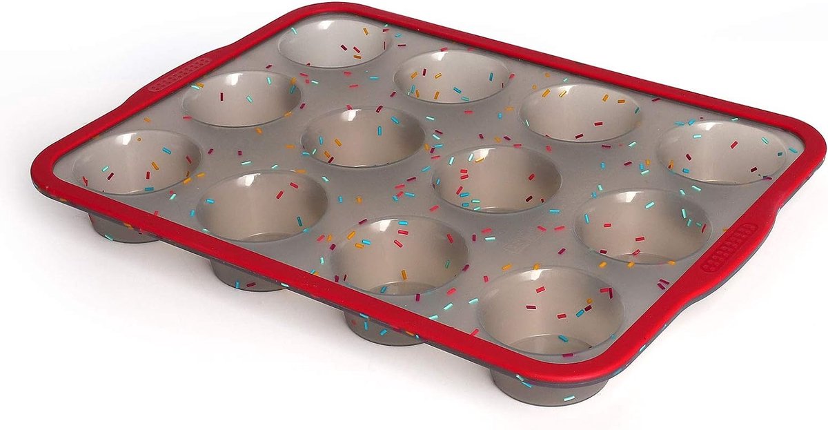 12 muffinvormpjes van siliconen met versterkt roestvrijstalen frame aan de binnenkant met anti-aanbaklaag en cupcake-bakvorm 12 gaten muffinvorm BPA-vrij vaatwasmachinebestendig (rood doorschijnend grijs)