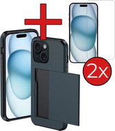 Hoesje Geschikt voor iPhone 15 Plus Hoesje Met Pasjeshouder Hard Case Met Kaarthouder Met 2x Screenprotector - Hoes Geschikt voor iPhone 15 Plus Hoesje Pashouder Case - Donkerblauw