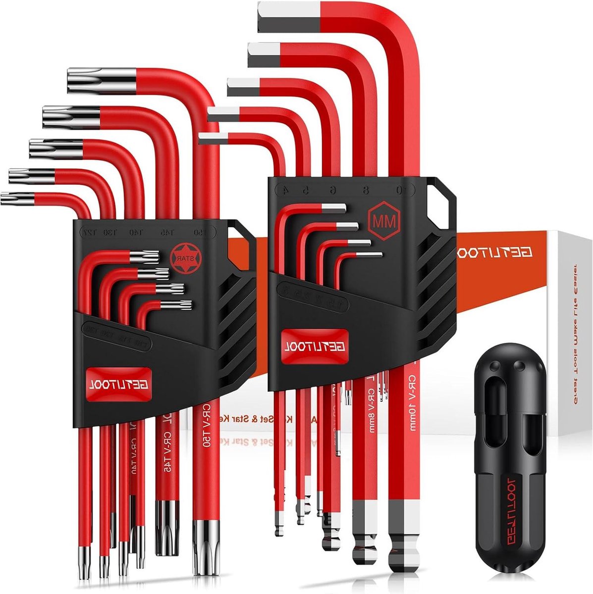 Inbussleutel set Cr-V metrisch T-handvat kogeluiteinde 15 mm-10 mm T10-T50 Maatmarkering Opbergbeugel 18 stuks Zeskantsleutel Stersleutelset