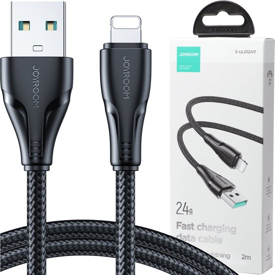 Joyroom 1.2m Nylon Lightning oplaadkabel - 2.4A Snellader - Zwart