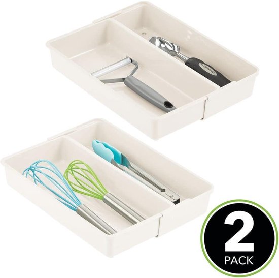 InterDesign iDesign bestekorganizer, grote plastic lade voor bestek en ander keukengerei, plastic opbergdoos met 3 vakken voor de lade, transparant