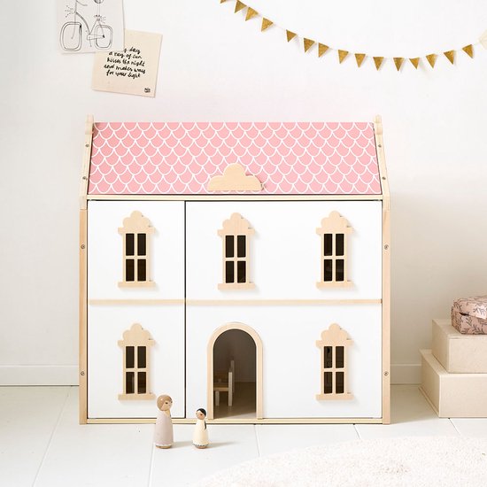 Petite Amélie Houten Poppenhuis Wit & Roze - Victoriaans Poppenhuis - Drie Verdiepingen vol Victoriaanse Charme - Voorzijde en Dak Openen voor Interactief en Creatief Speelplezier