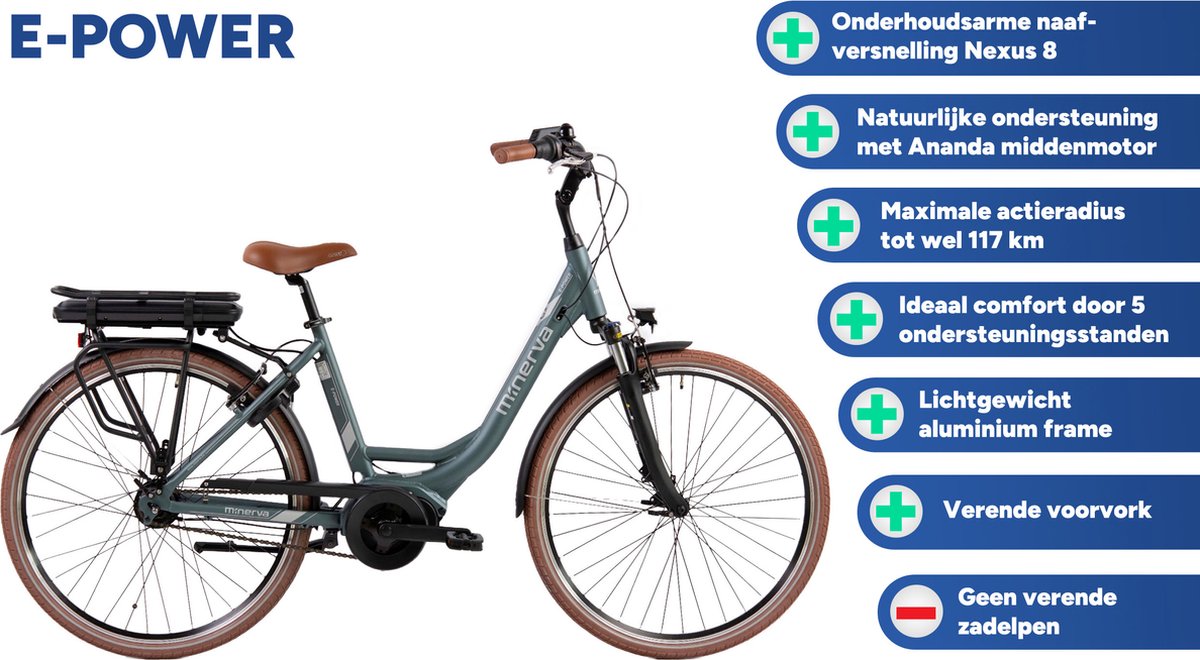 Vélo de ville électrique Minerva E- Power 28 pouces Moteur central Vélo  électrique 49 cm Vélo femme vitesses Freins en V- Vert mat