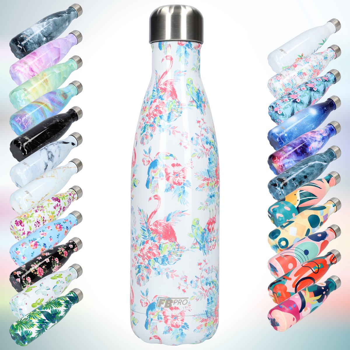 FBFS45, Thermosfles, Drinkfles, Waterfles - Modern & Slank Design - Thermos Fles voor de Warme en Koude Dagen - Dubbelwandig - Robuuste Thermoskan - 500ml - Flamingo Flowers - Flamingo Bloemen