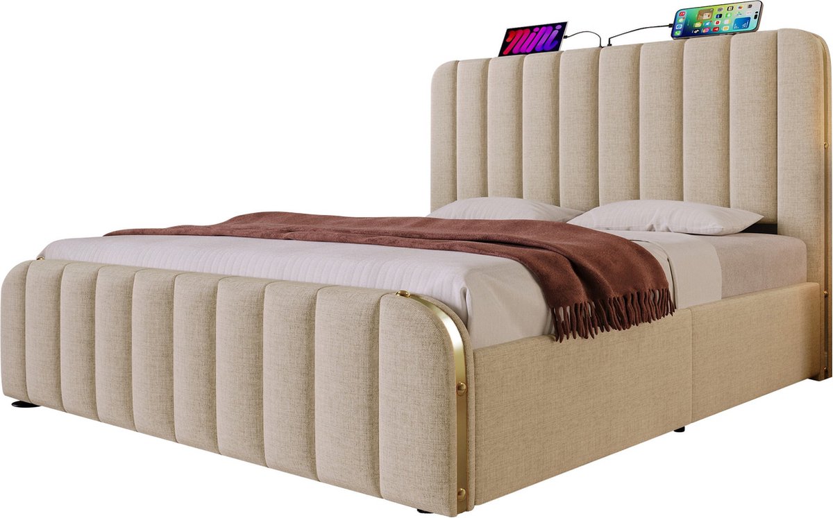 Merax Gestofferd Tweepersoonsbed 140x200 cm met Hydraulische Opbergruimte - Luxe Bed met USB-C Aansluiting en Hoofdbord met Gouden Accenten - Beige Linnen