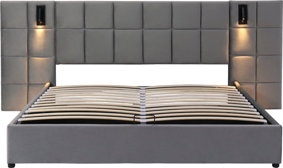 Merax Gestoffeerd Tweepersoonsbed 140x200 cm met Groot Hoofdbord en Hydraulisch Lattenbode
