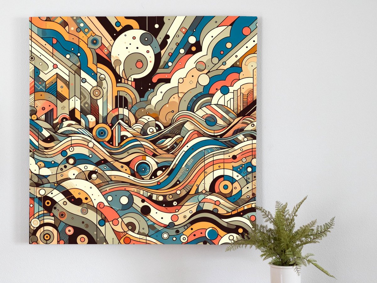 Abstract landschap schilderij | Mystiek vergezicht: Een dromerig tafereel van pracht en kleur | Kunst - 100x100 centimeter op Dibond | Foto op Dibond