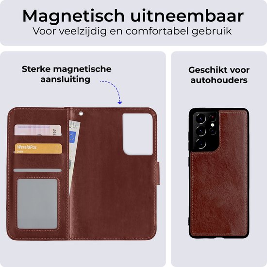 Étui pour Samsung S21 Ultra Case Book Case Amovible 2 en 1 avec protecteur d'écran - Étui pour Samsung Galaxy S21 Ultra Étui portefeuille avec porte-cartes - Marron