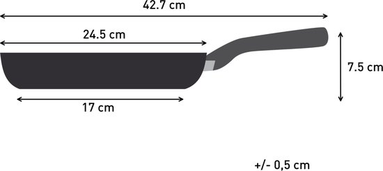Technische tekening van een zwarte koekenpan met afmetingen: 24,5 cm diameter, 7,5 cm hoogte, 42,7 cm lengte.