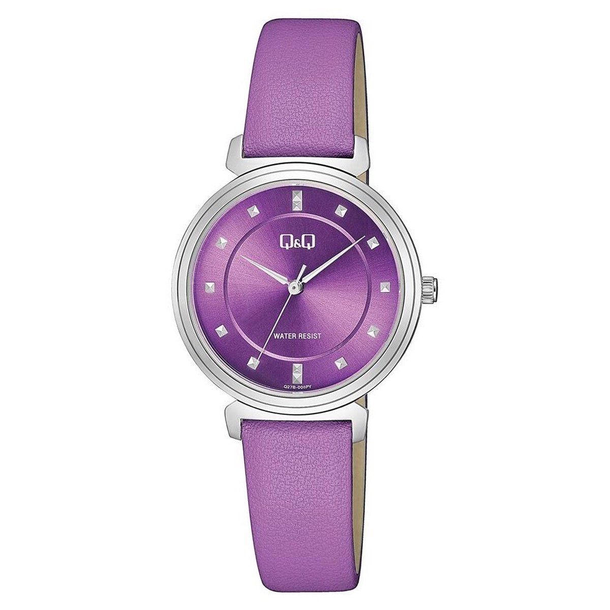 QQ Q27B-008PY - Horloge - Vrouwen - Dames - Leren band - Rond - Metaal - Streepjes - Paars - Zilverkleurig