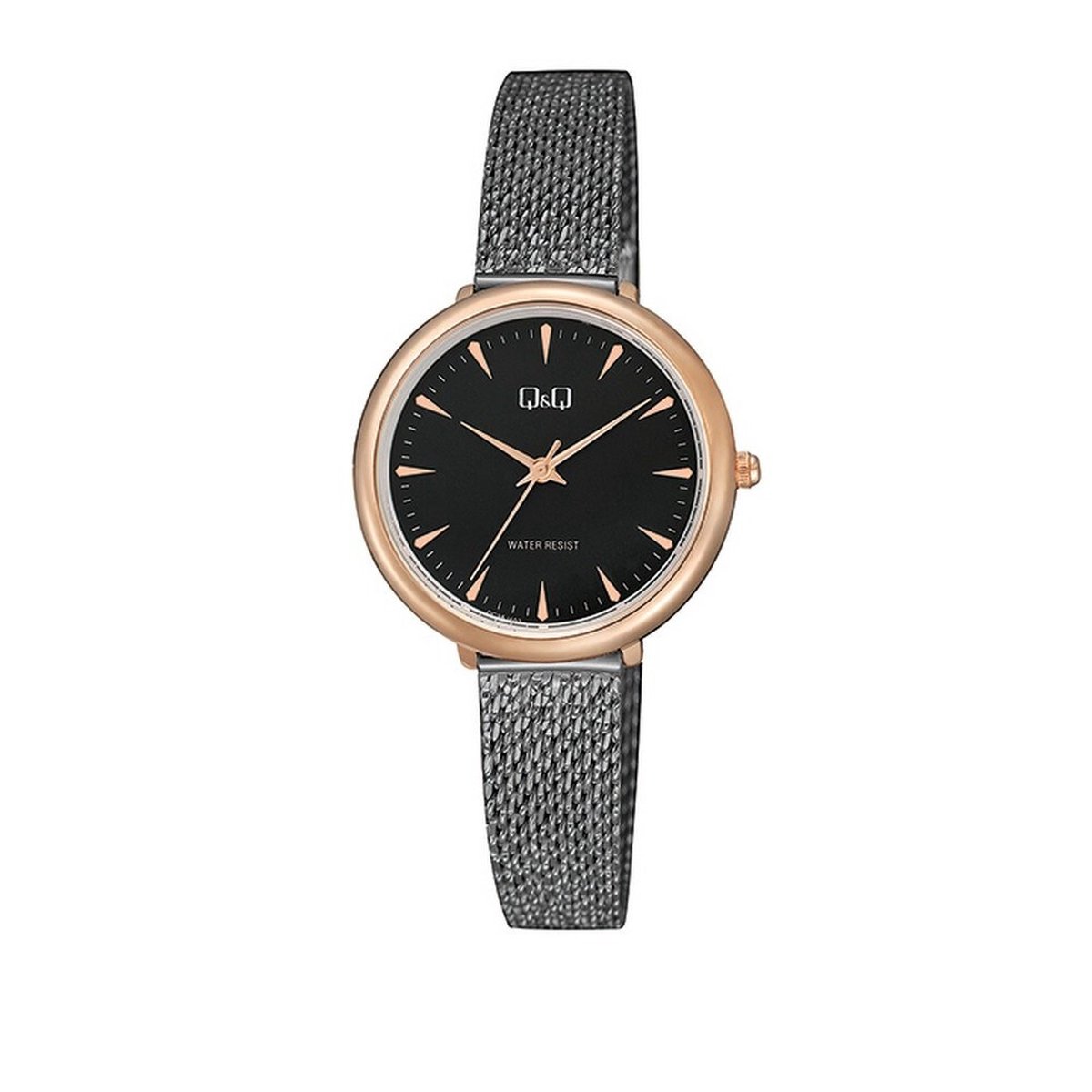 QQ QC35J402Y - Horloge - Analoog - Dames - Vrouwen - Mesh-Milanese band - Rond - Metaal - Streepjes - Zwart - Rosékleurig - 3 ATM