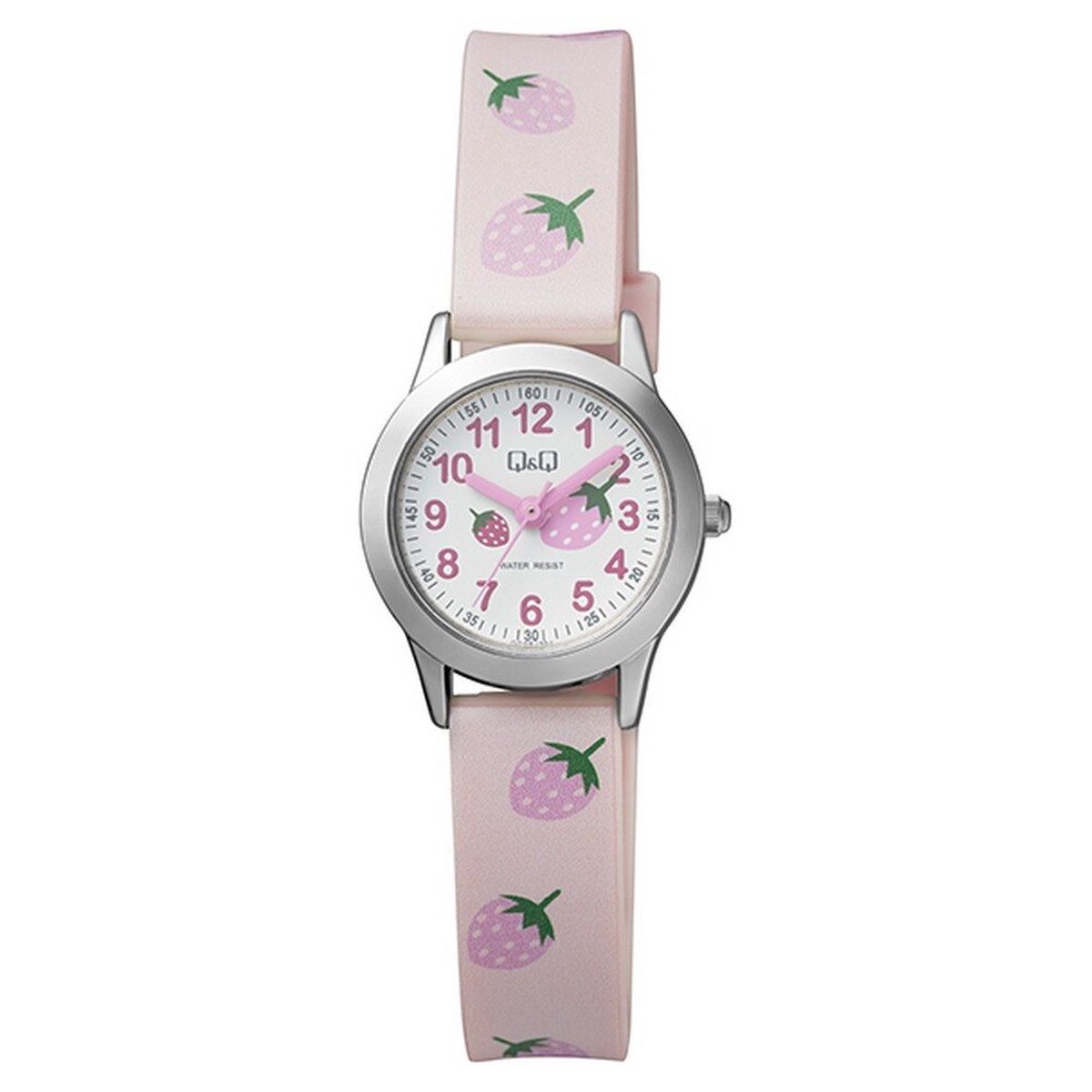 QQ QC29J304Y - Horloge - Analoog - Kinderen - Vrouwen - Plastic band - Rond - Cijfers - Metaal - Aardbeien - Roze - Zilverkleurig - Wit