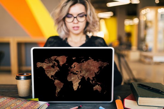 Sticker pour ordinateur portable - 15,6 pouces - Wereldkaart - Rouge - Or