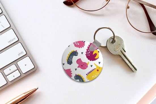 Porte-clés - Dino - Motifs - Enfant - Rose - Filles - Plastique - Rond - Cadeaux à distribuer