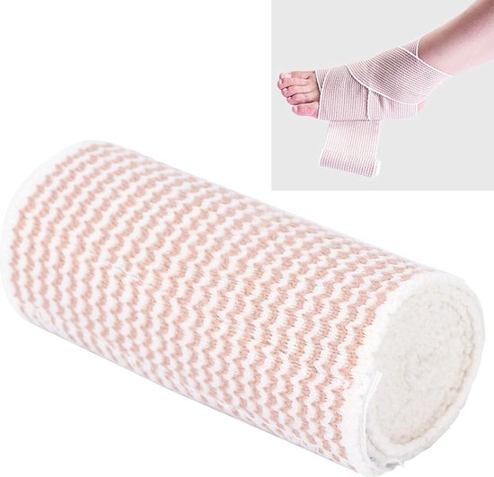 Opgerolde beige en witte elastische bandage, met inset van een bandage rond een enkel.