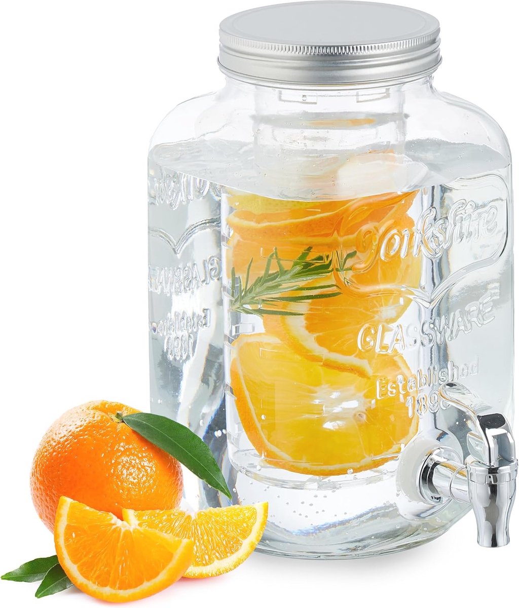 Limonade dispenser met infuser en kraan - 4 liter glazen drankdispenser voor water, sap, en limonade