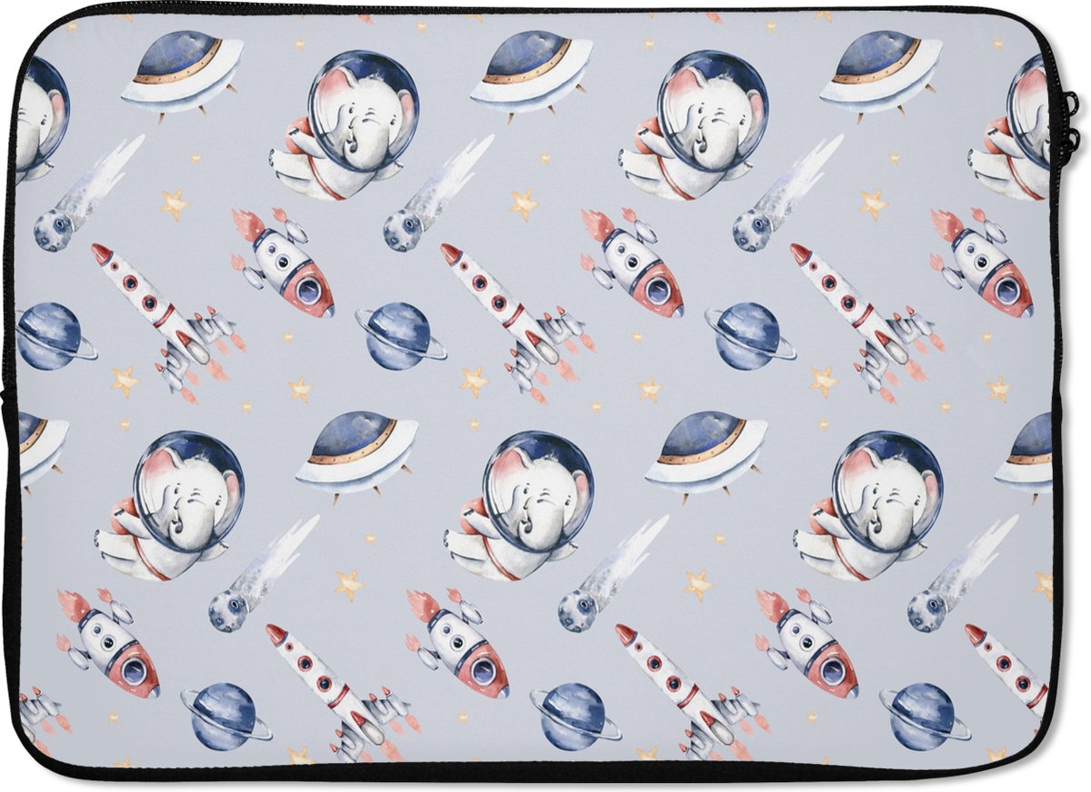 Laptophoes 14 inch - Patronen - Olifant - Raket - Jongens - Meisjes - Kinderen - Meiden - Laptop sleeve - Binnenmaat 33x23 cm - Zwarte achterkant