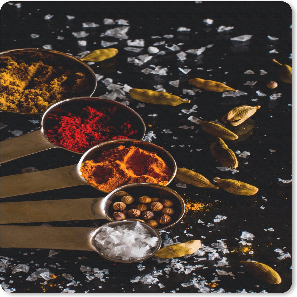 Muismat 30x30 cm - Mousepad Kruiden - Lepels - Zout - Specerijen - Zwart - Muismatten