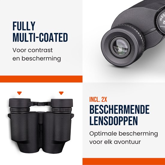 Zwarte BeerGear verrekijker met lensdoppen en informatie over 'Fully Multi-Coated'.