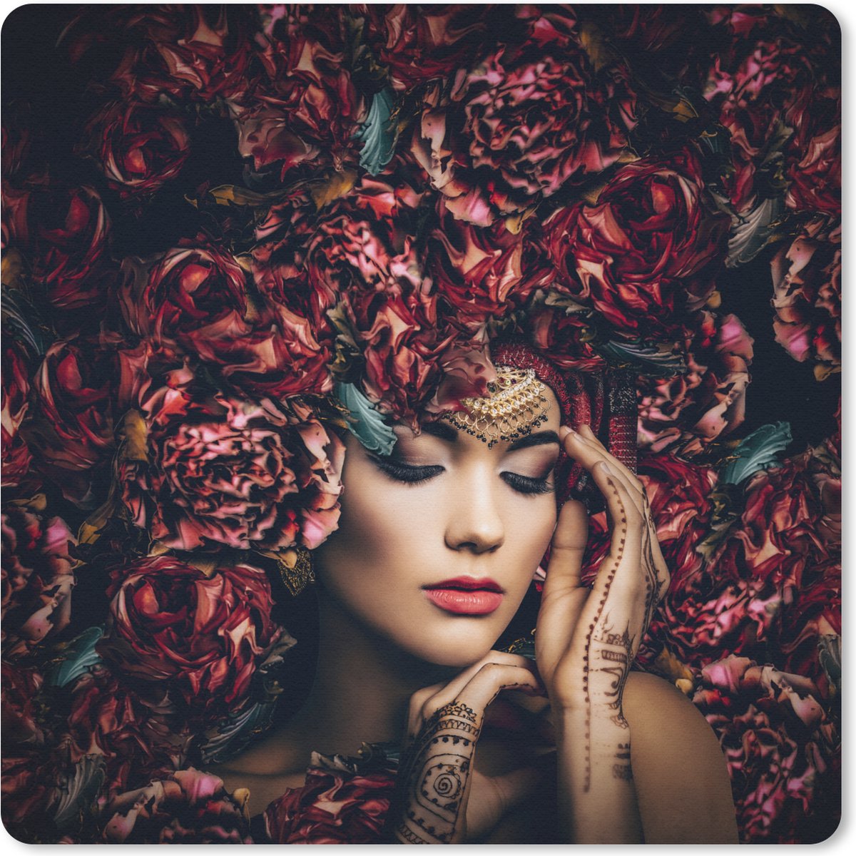 Muismat 20x20 cm - Mousepad Vrouw - Bloemen - Henna - Portret - Muismatten