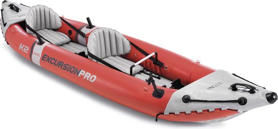 Rode en grijze Intex Excursion Pro kajak voor twee personen, met opblaasbare stoelen.