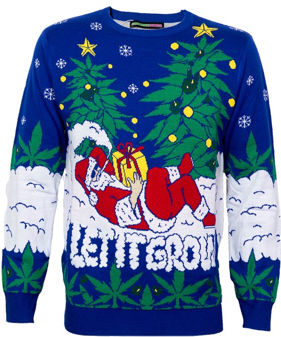 Kersttrui met Wiet en Spacende Kerstman - Maat L - Gebreide kersttrui - Heren kersttrui - Dames kersttrui - Foute kersttruien - Kerst outfit - Kerstkleding - Lelijke kersttrui - Gekke kersttrui -