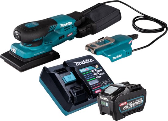 Makita schuurmachine met stofzak, 40V XGT accu en lader.
