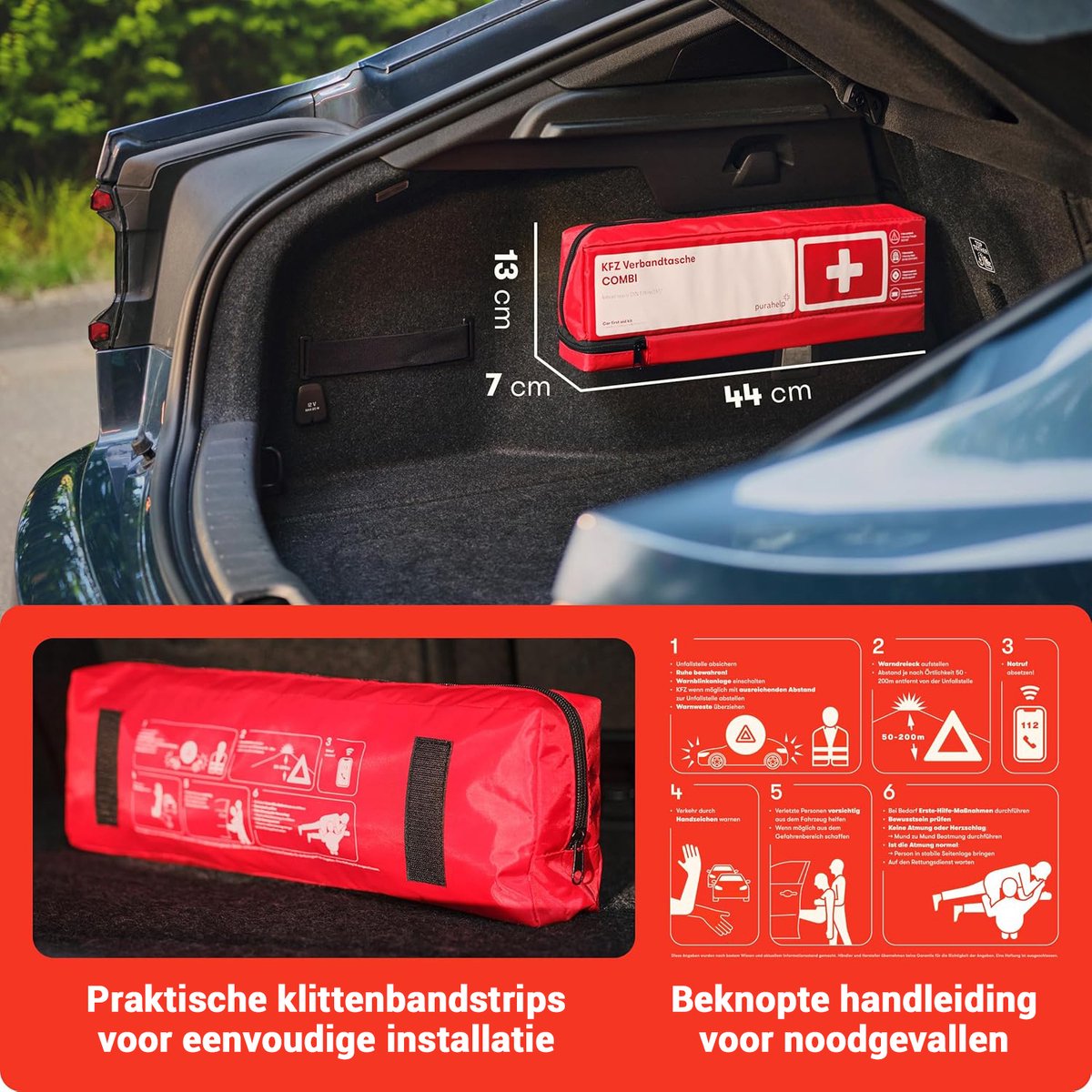 PURAHELP autocombinatietas volgens de huidige norm 2025 DIN 13164 - inclusief gevarendriehoek, veiligheidsvesten / signalisatievest voor volwassenen - EHBO-kofferset met gevarendriehoekset EHBO-kofferset auto 2025 – foto 4