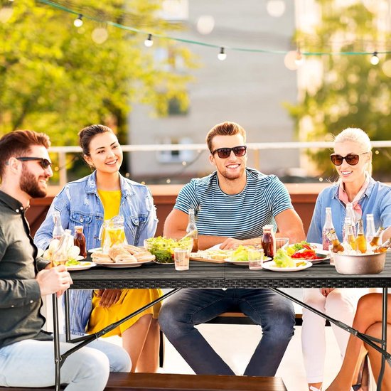 Inklapbare Buffettafel 181 x 755 x 73 cm - Rotan-Look - Campingtafel Partytafel - Klaptafel Tuintafel - Draaggreep - Tuin Balkon Terras - Zwart vouwtafel — afbeelding 2