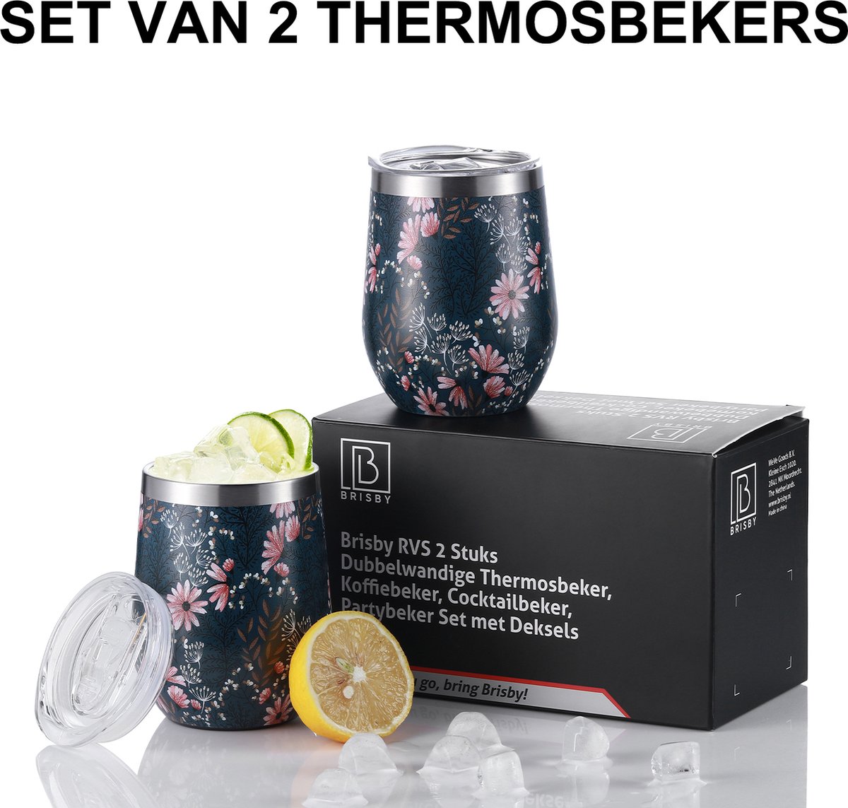 Brisby RVS thermosbekers set – 2x 360 ml – dubbelwandig – Japanese Flower