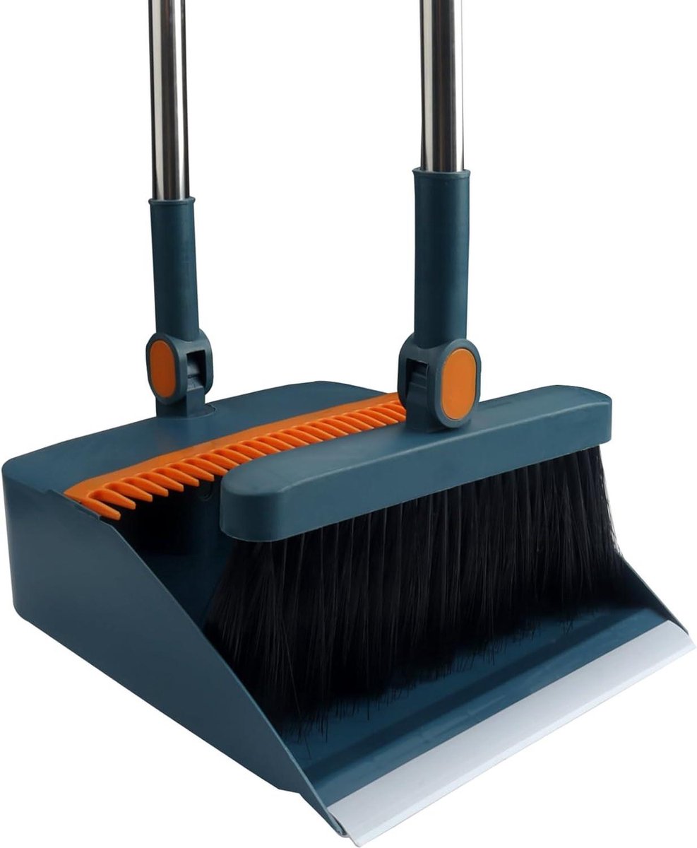 Goedkoopste Bezem set - blauwe roestvrijstalen bezem met stofpan en kamtanden - licht en praktisch - eenvoudig te installeren en op te bergen voor vloerreiniging
