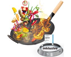Wokpan met wokring - Geschikt als wokpan inductie en voor grill- en gasfornuizen - Wokpan van robuust koolstofstaal - Wok en wokpannen, wokgasbrander, wokinductie, wokgasbrander