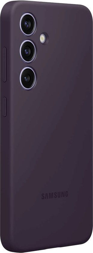 Donkerpaarse Samsung siliconen hoes met cameralens opening en Samsung logo.