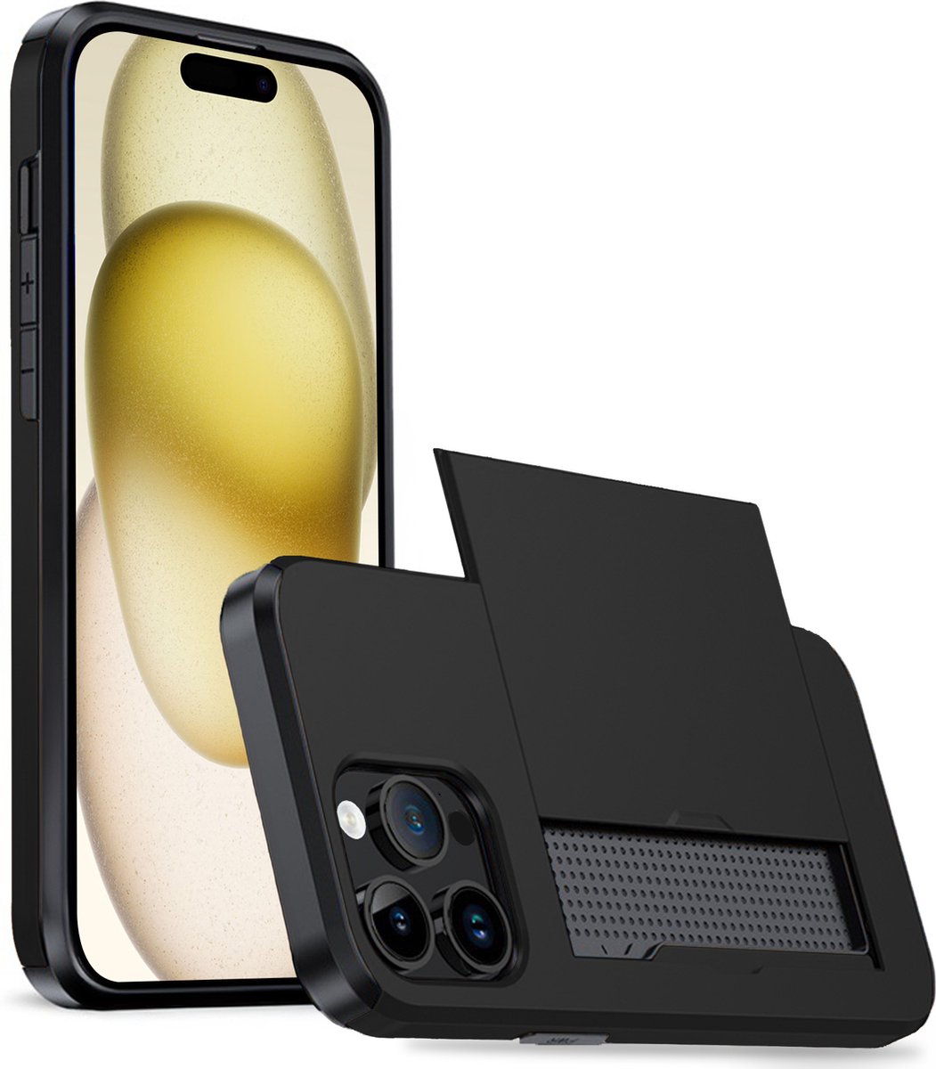 Hoesje Geschikt voor iPhone 15 Pro Max Hoesje Case Pashouder Hard Cover - Hoes Geschikt voor iPhone 15 Pro Max Hoesje Met Kaarthouder - Zwart