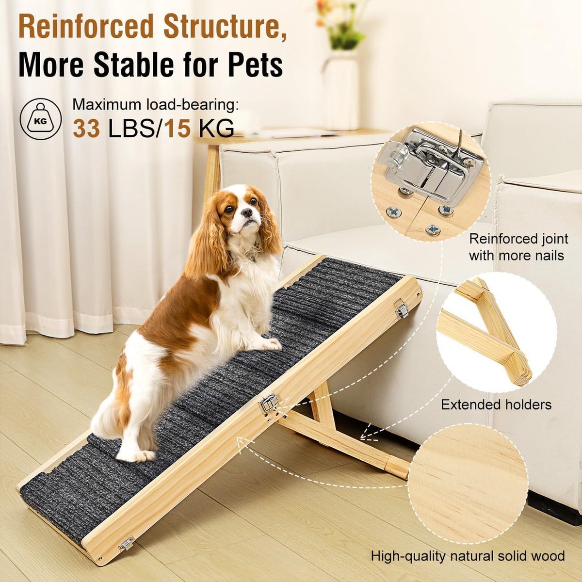 Pawaboo Opvouwbare hondenoprit voor kleine honden, draagbare houten huisdieroprit voor bed, 4 verstelbare hoogte van 20 cm tot 45 cm, autooprit voor kleine honden en katten met antislip tapijt