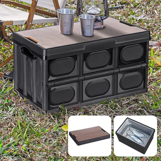 IGTOPS Campingbox, opvouwbare opbergbox met deksel, campingbox voor auto, outdoor camping opvouwbare box met houten deksel, kofferbak organizer met zijklep, plastic box met opbergruimte (3