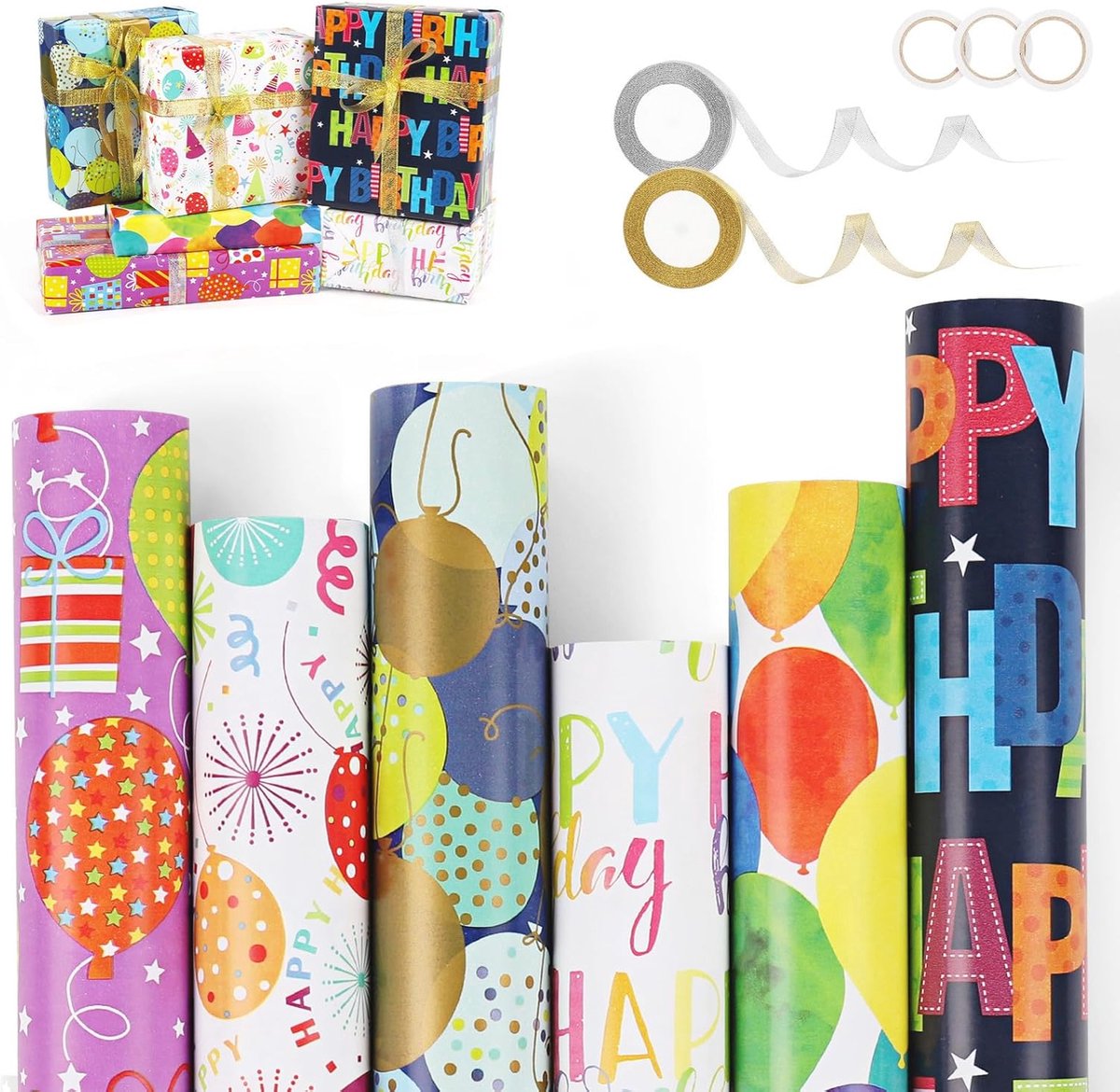 Cadeaupapierrol Verjaardagset 300 x 43 cm - 6 Rollen met Linten en Plakband - Kraftpapier voor Feestelijke Verpakkingen