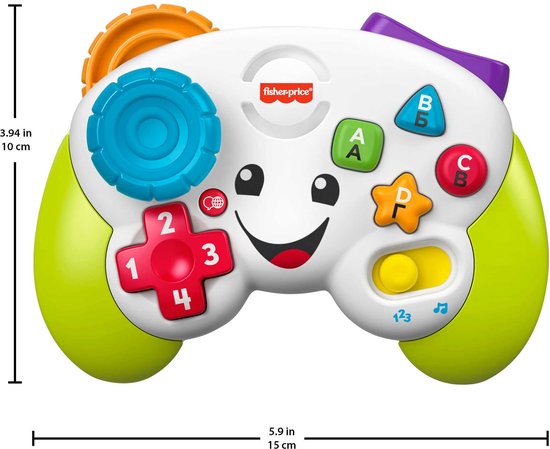 Fisher-Price leercontroller met lachend gezicht, ABC-knoppen, cijfers 1-4. Wit met groene handvatten. Afmetingen: 10cm hoog, 15cm breed.