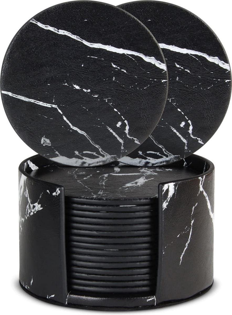 Design Onderzetterset van PU Leder - 16 stuks - Glazen Onderzetters - Onderzetters met Houder - Zwart/Wit