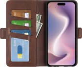 Étui portefeuille en cuir PU pour iPhone 16 Plus -- Fermeture magnétique - Housse de Luxe - Couvrant l'écran - Porte-cartes - Espèces - Espèces - Cartes marron foncé