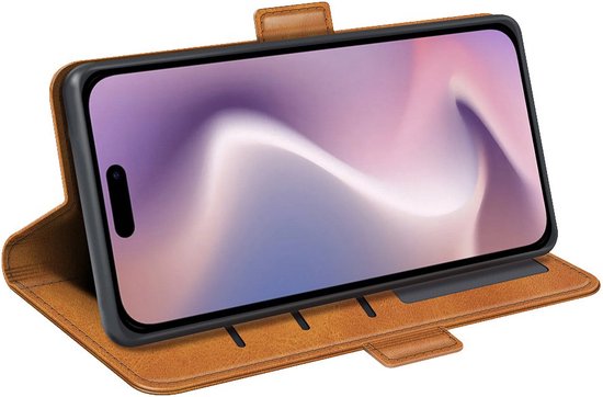 Étui portefeuille en cuir PU pour iPhone 16 Plus -- Fermeture magnétique - Housse de Luxe - Couvrant l'écran - Porte-cartes - Espèces - Espèces - Cartes marron clair