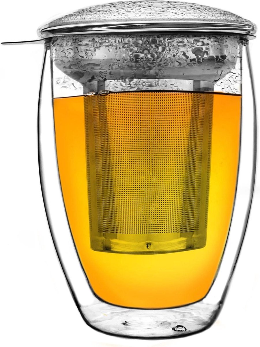 Dubbelwandig theeglas met dubbele filter en glazen deksel - 400 ml